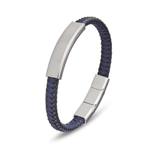 Theodore Stainless steel men's ID blue braded leather bangle - Theodore Designs