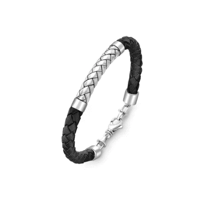 Hoxton London Men's Sterling Silver Herringbone Black Leather Bracelet - Theodore Designs