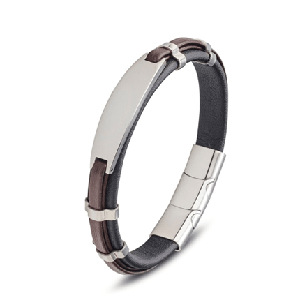 Theodore Stainless Steel leather bangle featuring metal detail with ID plate. - Theodore Designs