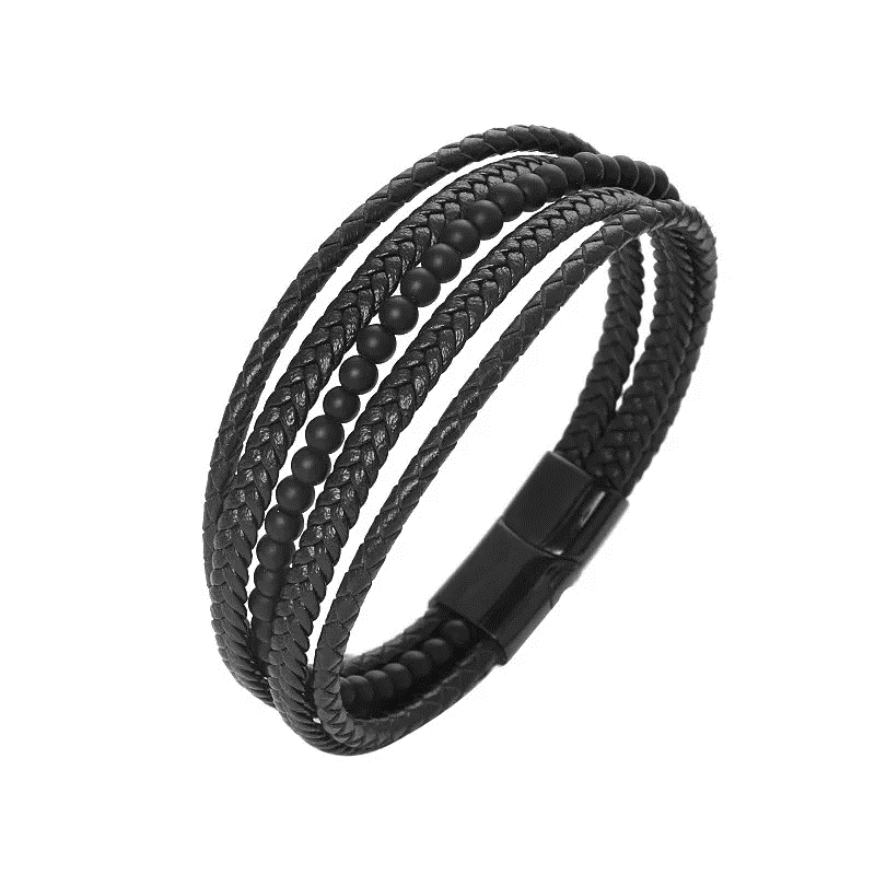 Theodore stainless steel men's black breaded leather, multi bangle with matte agate details - Theodore Designs