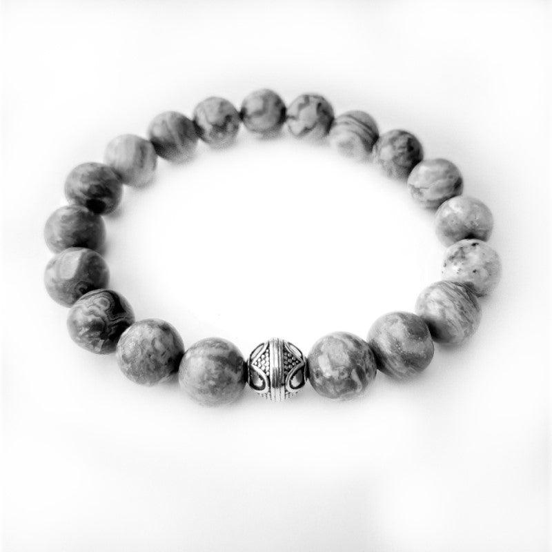 TMJ men's grey jasper bead bracelet with round marbled beads and single engraved silver accent bead