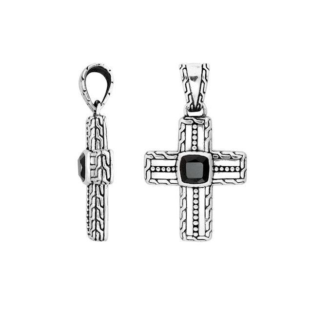 TMJ men's sterling silver cross pendant with black square gemstone and textured braided detailing