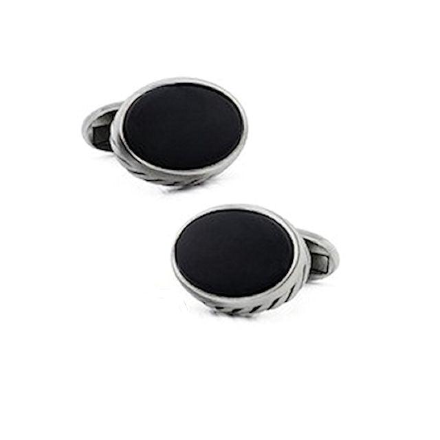 T.M.J black agate cufflinks with silver-tone twisted edge design for formal wear
