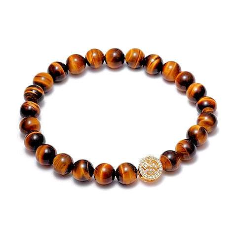 T.M.J tiger eye bead bracelet for men with polished brown beads and gold accent bead