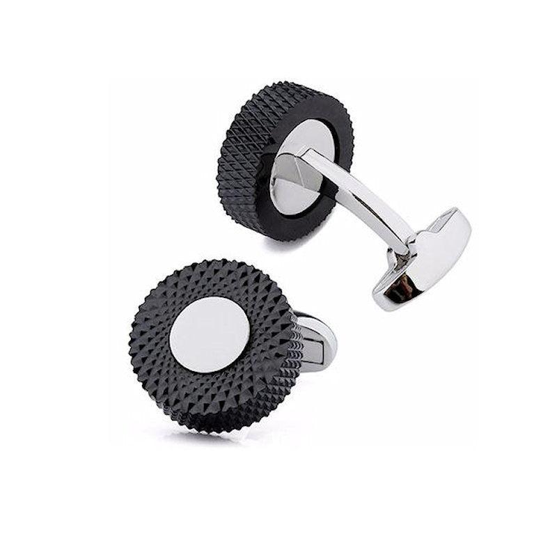 T.M.J plain metal gunmetal cufflinks for men with textured black circular design