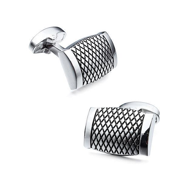 T.M.J gunmetal rectangle cufflinks with textured grid pattern and polished edges for men's formal wear