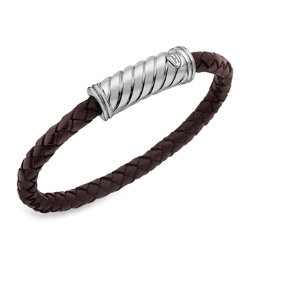 Hoxton London Men's Sterling Silver Twist Plaited Leather Silver Magnetic Clasp Bracelet - Theodore Designs