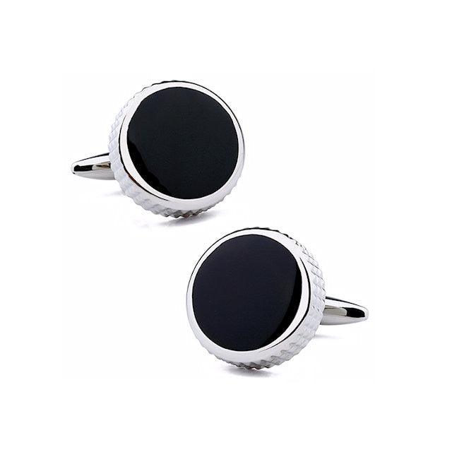 T.M.J men's round cufflinks with black enamel center and silver textured edges