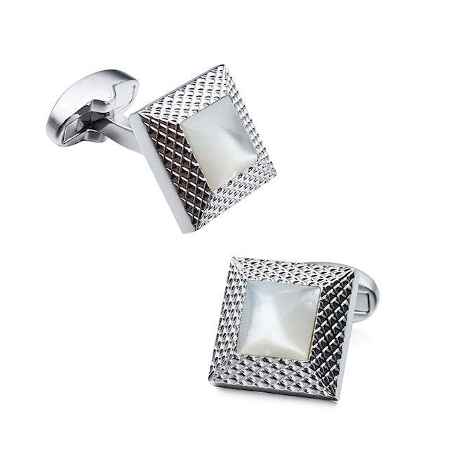 T.M.J rhodium mother of pearl cufflinks with textured square design and polished finish