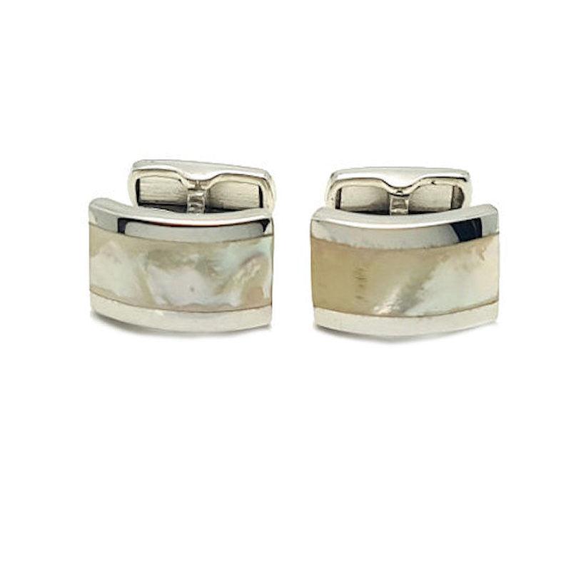 Sterling silver mother of pearl cufflinks by TMJ with a polished rectangular design