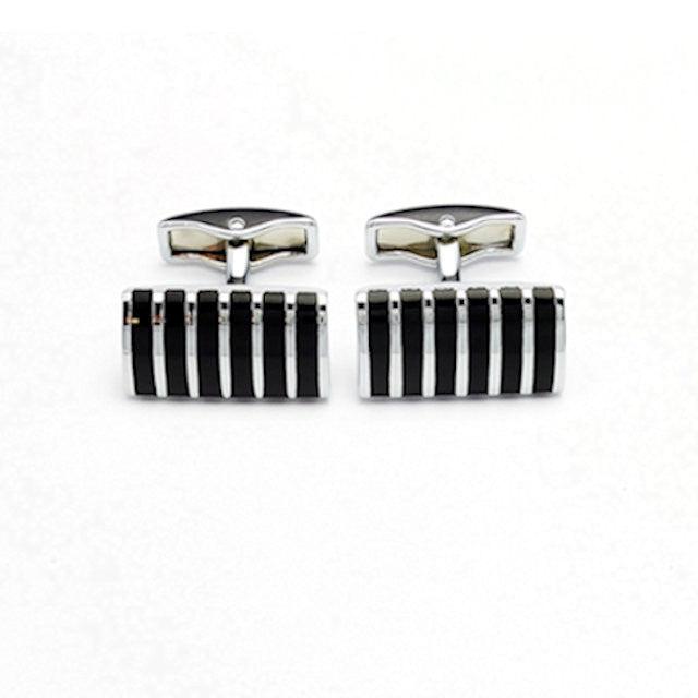 T.M.J enamel striped men's cufflinks with black and silver vertical stripes for formal wear