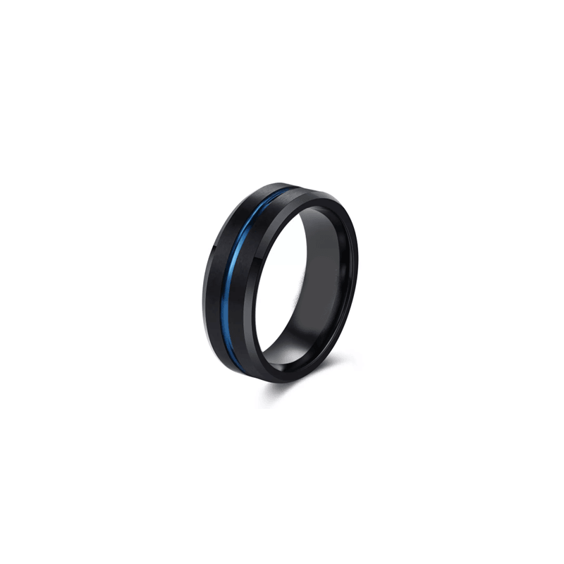 Theodore Black Brushed Tungsten with finish beveled edge with a blue line in the middle Comfort Fit Ring - Theodore Designs