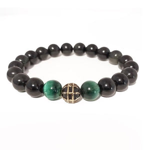 Theodore Black Obsidian and Green Tiger Eye  Beaded Bracelet - Theodore Designs