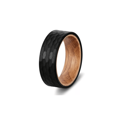 Theodore Black Tungsten Hammered Authentic Whiskey Oak Barrel  Wood Ring - Theodore Designs