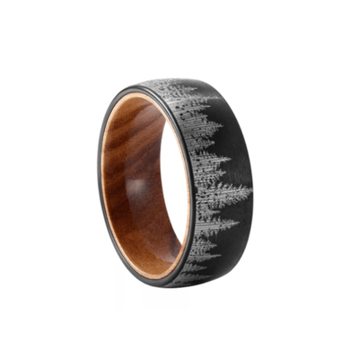 Theodore Black Tungsten Ring Matt Finished Oliver Wood Inlay Forest Pattern ring - Theodore Designs