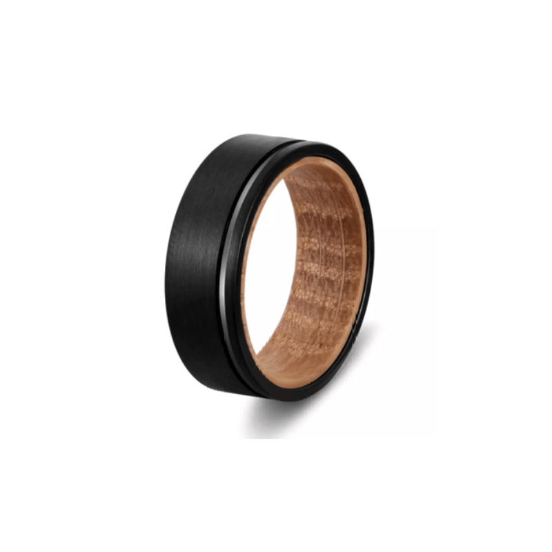 Black Tungsten Satin Authentic Whiskey Oak Barrel  Wood 8mm Man's Ring - Theodore Designs