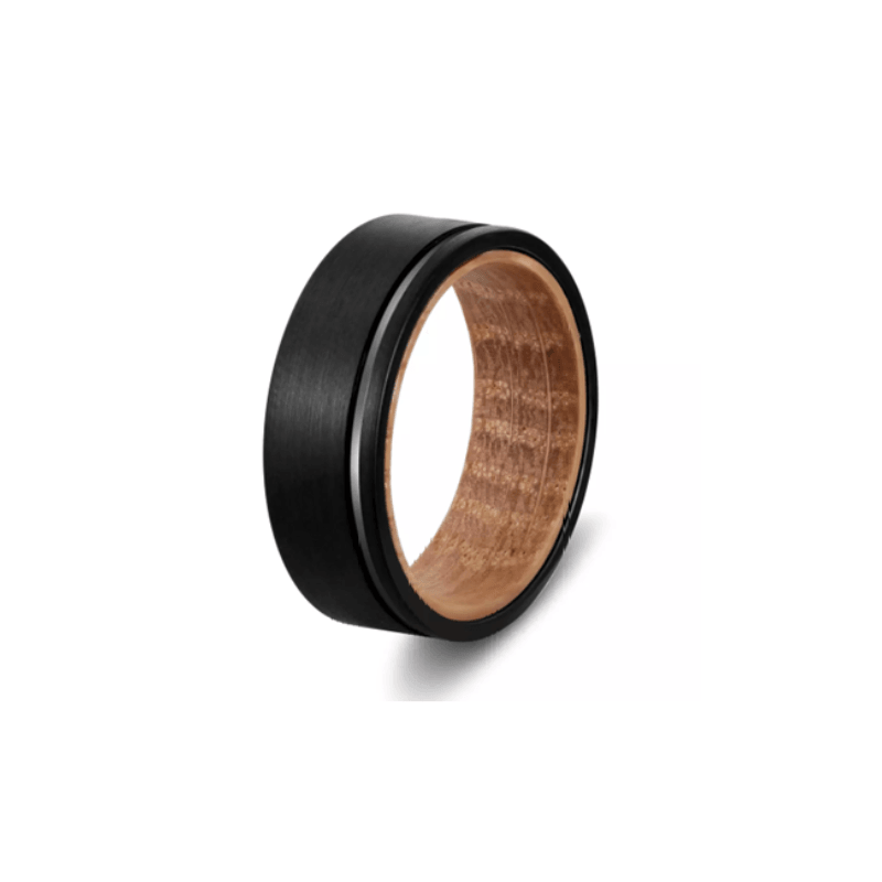 Theodore Black Tungsten Satin Authentic Whiskey Oak Barrel  Wood 8mm Man's Ring - Theodore Designs
