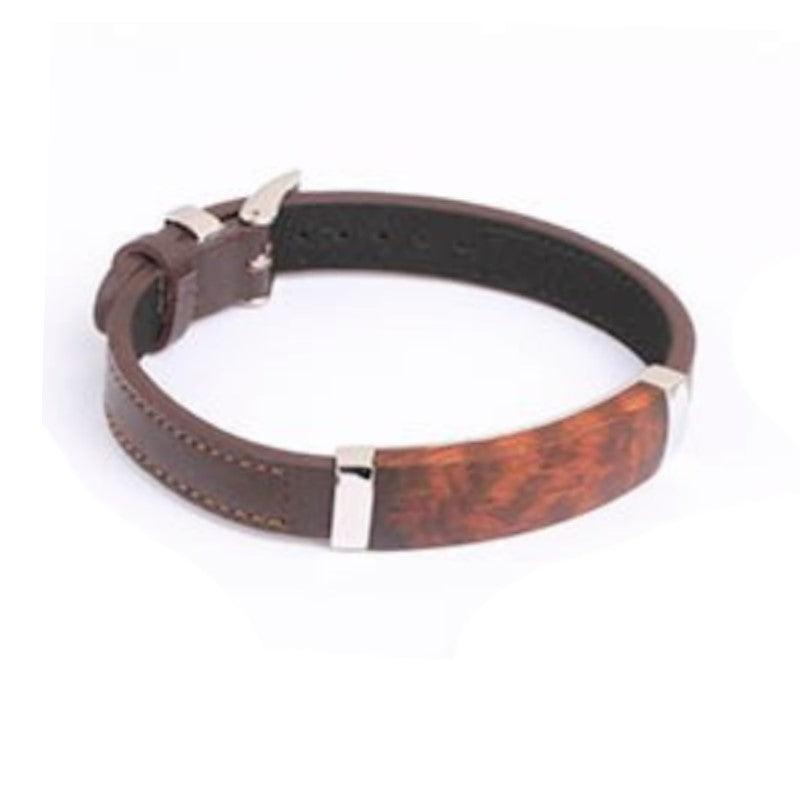 Theodore Brown Leather Leopard Wood Inlay and  Stainless Steel Bracelet - Theodore Designs