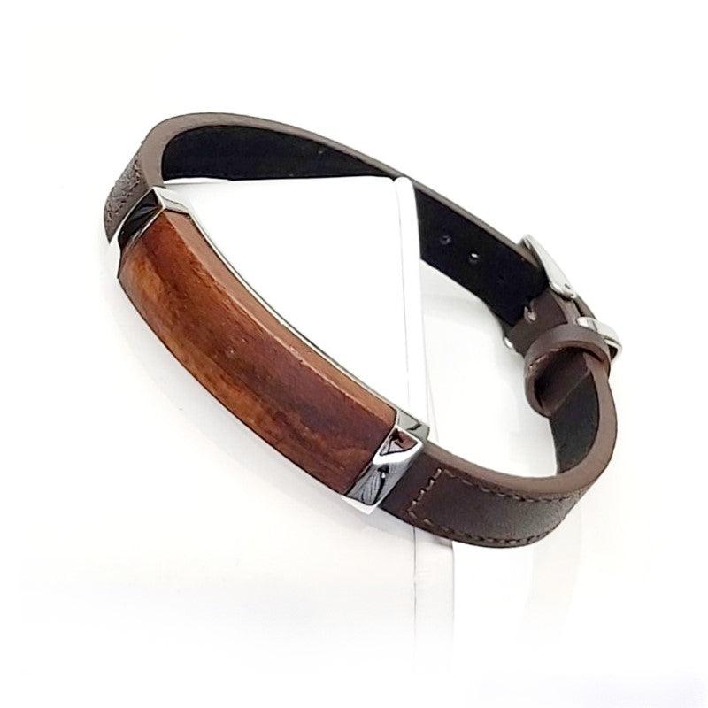 Theodore Brown Leather Leopard Wood Inlay and  Stainless Steel Bracelet - Theodore Designs