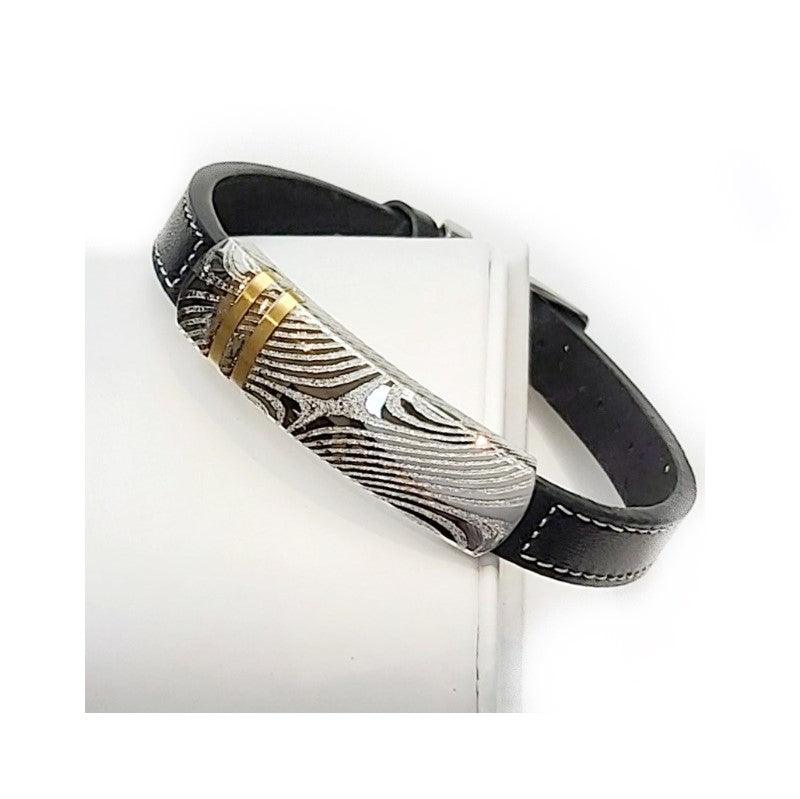Theodore  Damascus Steel and Leather Bracelet - Theodore Designs