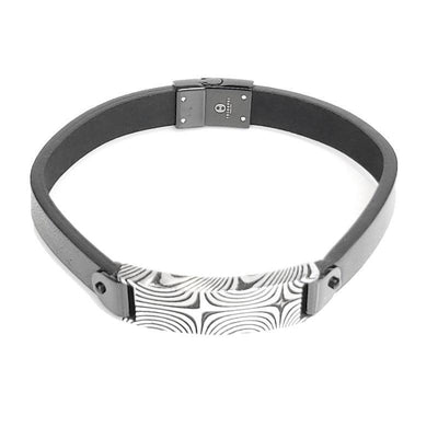 Theodore Damascus Steel Black Plated ID with Black Leather Bracelet - Theodore Designs