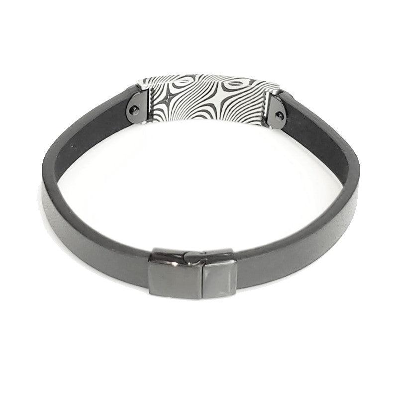 Theodore Damascus Steel Black Plated ID with Black Leather Bracelet - Theodore Designs