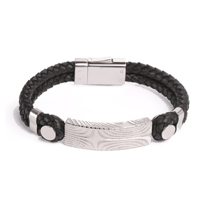 Theodore Damascus Steel ID and Braided Black Leather Bracelet - Theodore Designs