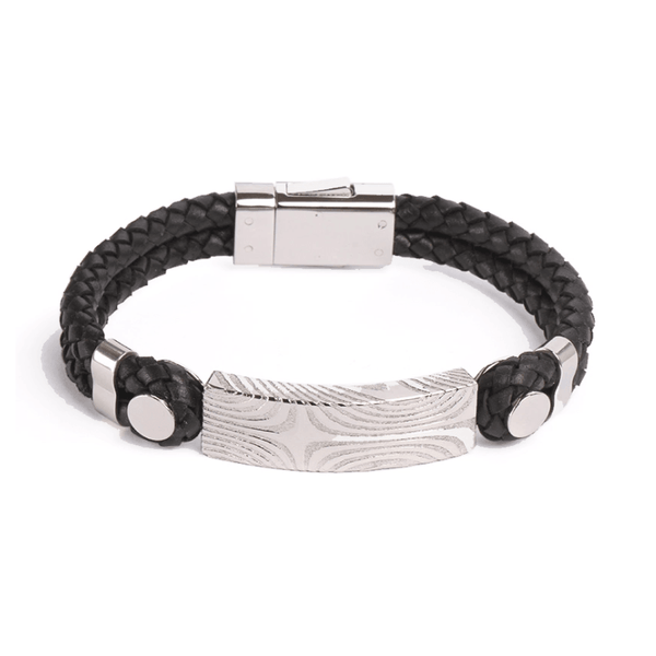 Theodore Damascus Steel ID and Braided Black Leather Bracelet ...