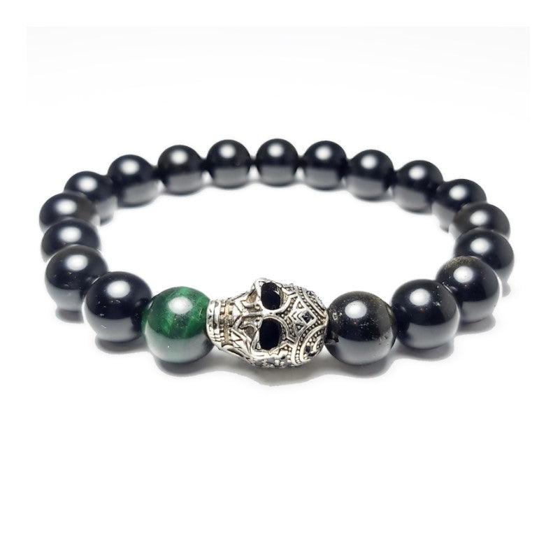 Theodore Gold Obsidian and Green Tiger Eye Skull  Bracelet - Theodore Designs