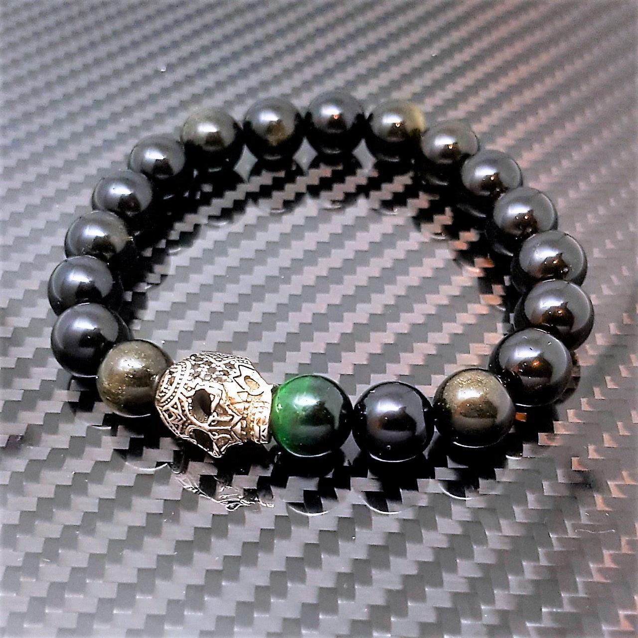 Theodore Gold Obsidian and Green Tiger Eye Skull  Bracelet - Theodore Designs