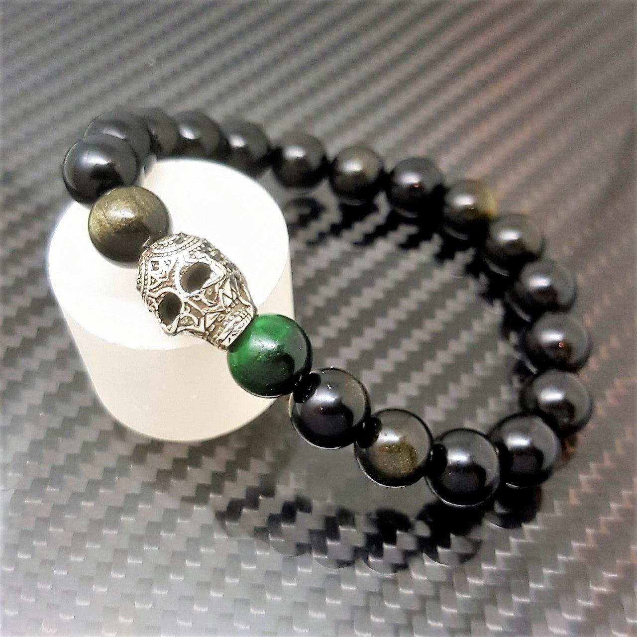 Theodore Gold Obsidian and Green Tiger Eye Skull  Bracelet - Theodore Designs