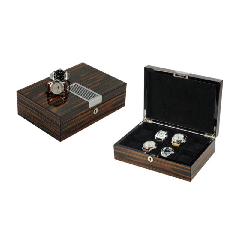 Theodore Luxurious Ebony Lacquered 8 Slots Wooden Wrist Watch Box with Lock - Theodore Designs