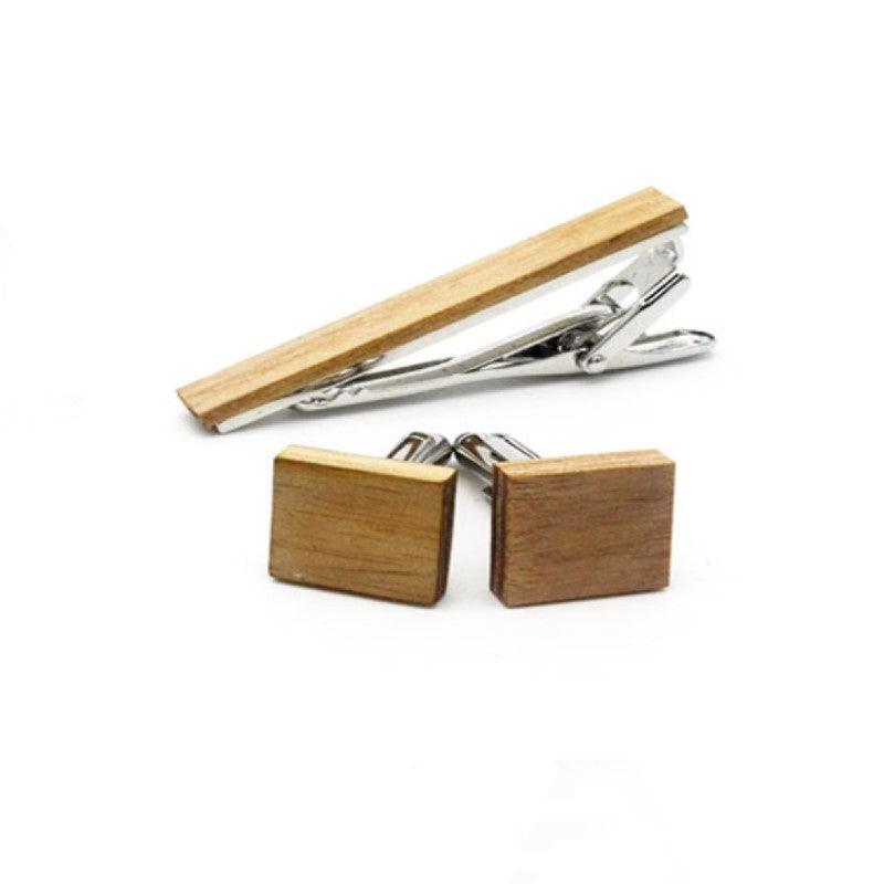 Theodore Rhodium Plated Wood Inlay Cufflink and Tie Bar Set - Theodore Designs