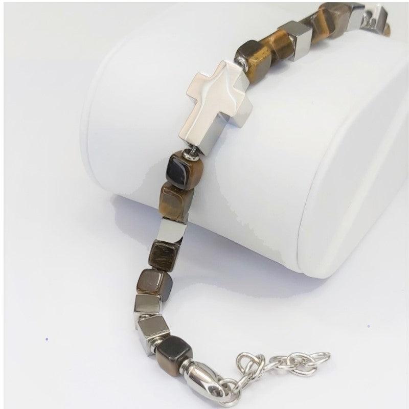 Theodore  Sodalite or Tiger Eye and Stainless Steel Cross Bead Bracelet - Theodore Designs