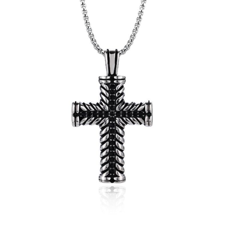 Theodore Stainless Steel Chevron Cross Enhancer with Black Crystals Pendant - Theodore Designs