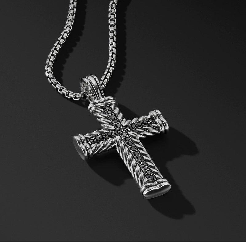 Theodore Stainless Steel Chevron Cross Enhancer with Black Crystals Pendant - Theodore Designs