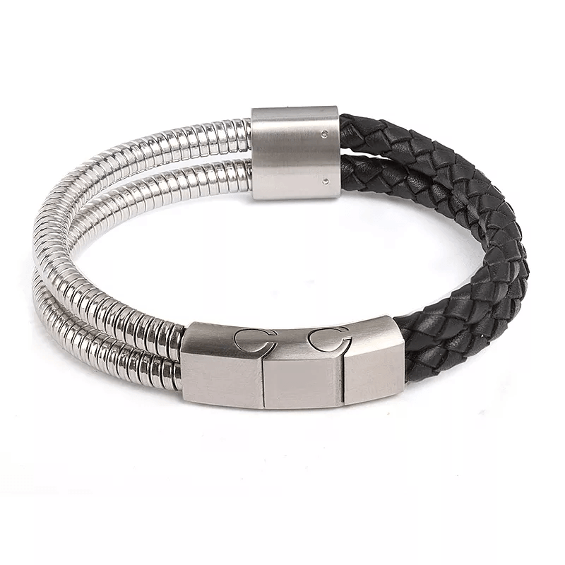 Theodore Stainless Steel Double Spring with Black Leather Bracelet - Theodore Designs