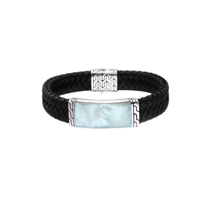 Theodore Sterling Silver Bracelet With Black Leather & Mother of Pearl - Theodore Designs