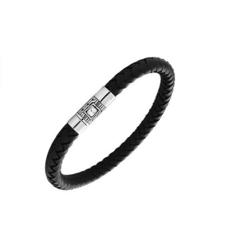 Theodore Sterling Silver Bracelet With Black Leather - Theodore Designs