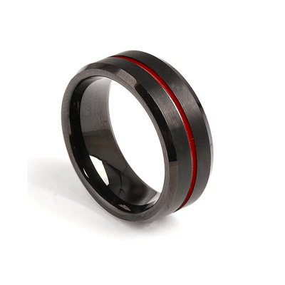 Theodore Tungsten Carbide Beveled Edge with Red line in Center Ring - Theodore Designs