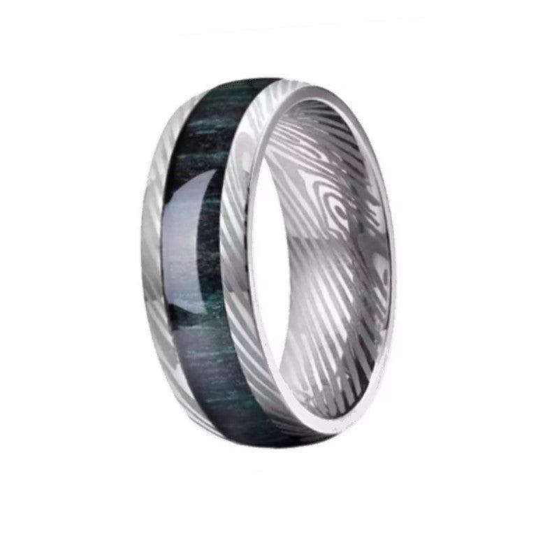 Theodore Damascus Steel Men's Ring With Blue Hard Wood Inlay - Theodore Designs