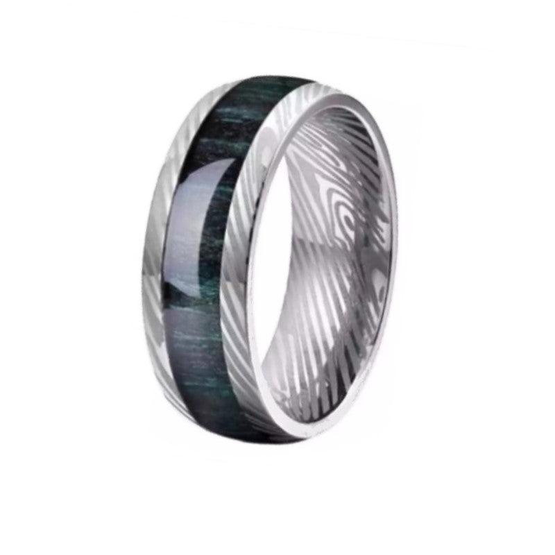 Theodore Damascus Steel Men's Ring With Blue Hard Wood Inlay - Theodore Designs