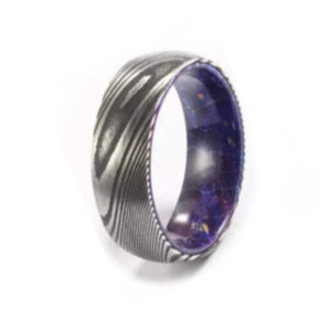 Theodore Damascus Steel Men's Ring With Purple Hard Wood Sleeve - Theodore Designs