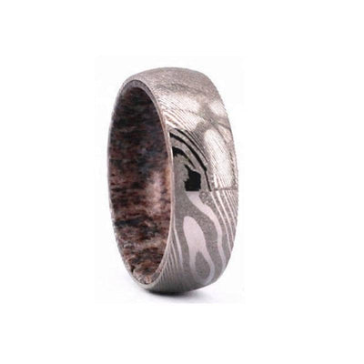 Theodore Damascus steel and Deer Antler insert comfort fit Polish finish top ring - Theodore Designs