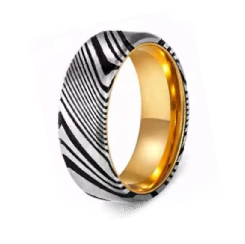 Theodore Damascus Steel Men's Ring With 18k Yellow Gold plated interior sleeve - Theodore Designs